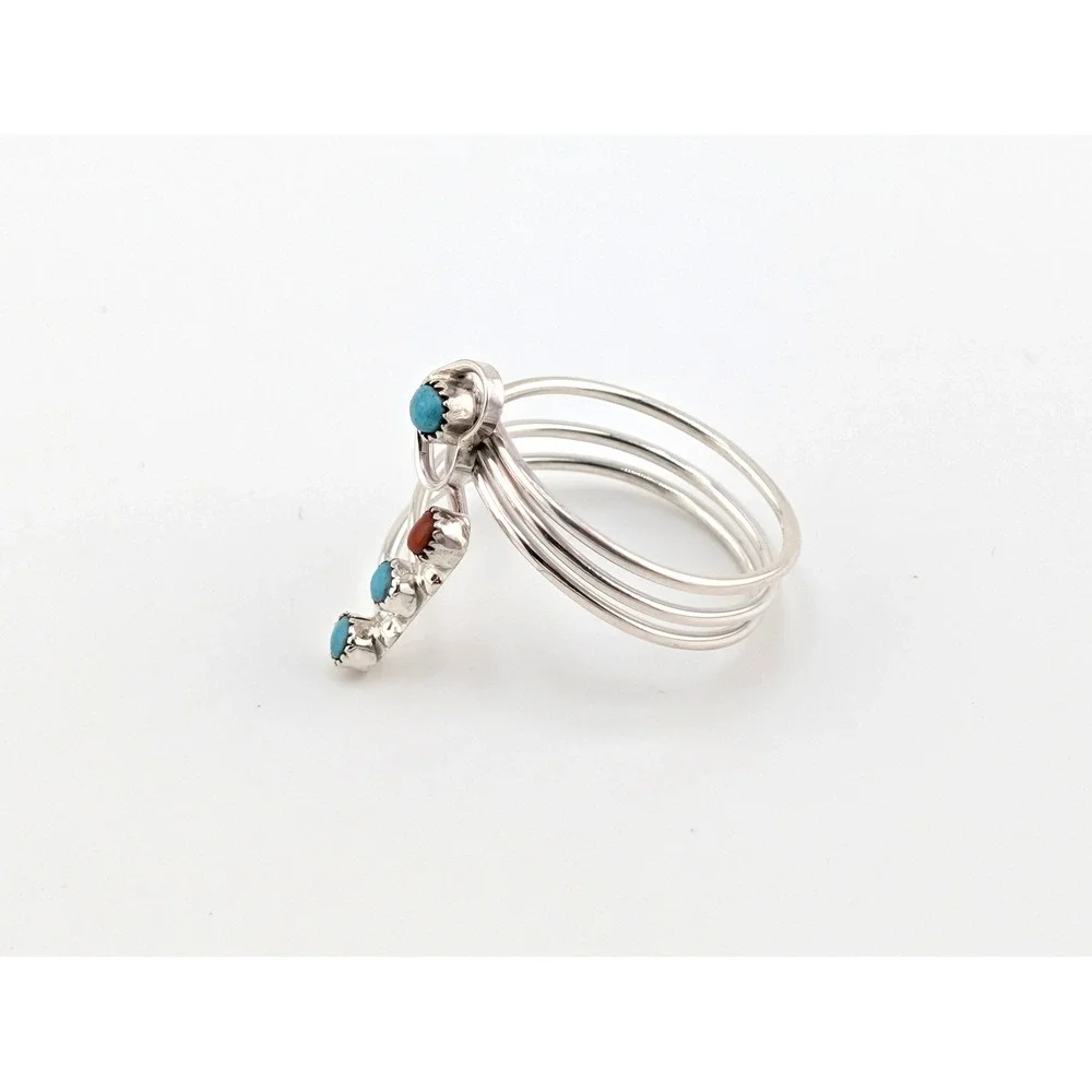 Navajo Turquoise Coral Multi Band Bypass Ring Sterling Sz 6.75US